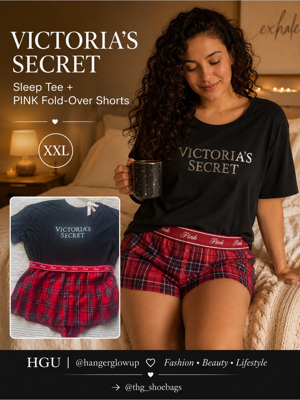 Victoria’s Secret Sleep Tee + PINK Plaid Fold-Over Shorts XXL NWT